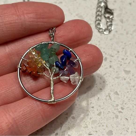 Crushed Stone Silver Color Tree Of Life Necklace - Picture 3 of 10